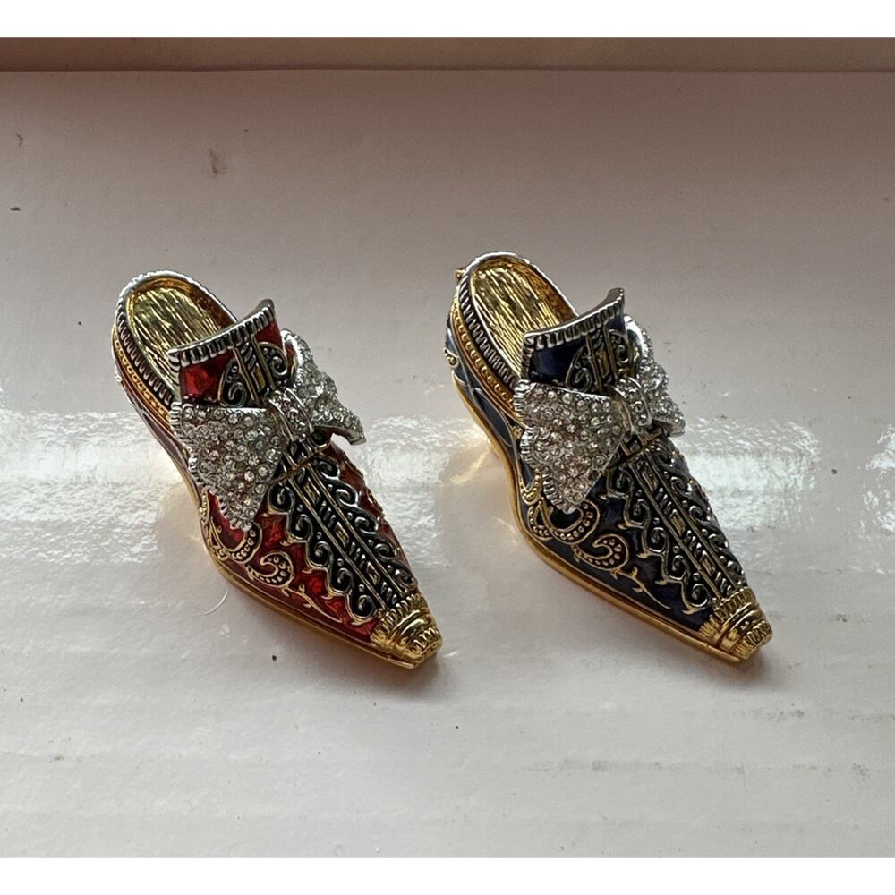 Enameled Set 2 Crystal Bejeweled Cloisonné High Heel Hinged Red Blue Trinket Box